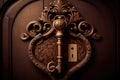 keyhole of grand wooden door leading to unknown room, with ornate key and intricate lock