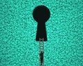Keyhole on green big data background with businessman climbing Royalty Free Stock Photo