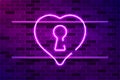 Keyhole heart glowing purple neon sign or LED strip light. Realistic vector illustration