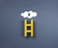 The keyhole icon symbol in the white cloud on a yellow ladder on a blue background, minimal style. Hard target.