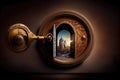 keyhole, with key in the lock, and the door held open