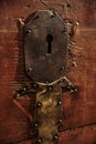 Keyhole Lock. Fragment of the Large Antique Wooden Chest. Large wooden box for clothes Royalty Free Stock Photo