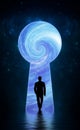 Keyhole man businessman goes to new opportunities cosmos space, portal way to success. Concept space of a man path to success Royalty Free Stock Photo