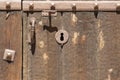 Keyhole in an old paneled wooden door with antique door handle; Royalty Free Stock Photo