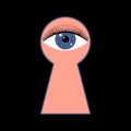 Keyhole and prying eye. Mysterious closed door lock. Curious man looks through keyhole. Confidential, private information concept