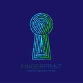 Keyhole shape Fingerprint scan pattern logo dash line, digital gateway concept, Editable stroke illustration green and blue