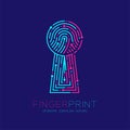 Keyhole shape Fingerprint scan pattern logo dash line, digital gateway concept, Editable stroke illustration pink and blue