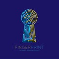 Keyhole shape Fingerprint scan pattern logo dash line, digital gateway concept, Editable stroke illustration yellow and blue