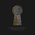 Keyhole shape Fingerprint scan pattern logo dash line, digital gateway concept, illustration silver and gold isolated on black