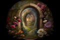 keyhole, with view of garden or courtyard, filled with lush greenery and blooming flowers