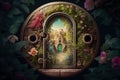 keyhole, with view of garden or courtyard, filled with lush greenery and blooming flowers