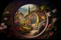 keyhole, with view of garden or courtyard, filled with lush greenery and blooming flowers