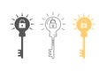 Concept of Key Idea. Light bulb, lock and key icon set. Flat style illustration. Isolated on white background. Royalty Free Stock Photo