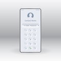 Keypad with numbers and a telephone number in the neumorphic style. Smartphone with name and contact icon on the screen