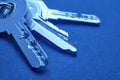 Keyring with keys in blue tone over an empty background