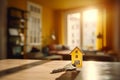 Keys above table with yellow keychain in the shape of a house and interior of new apartment in sunlight. Property