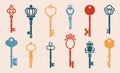 Keys. Antique keys silhouettes and worms wit heads and tails, house lock keys graphic template. Vector retro key logo Royalty Free Stock Photo