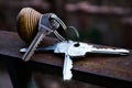 The keys. Bunch of keys. The keys to the apartment. Room keys with remote control. Wooden keychain with number and keys.