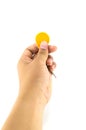 Keys and circle yellow key card in hand Royalty Free Stock Photo