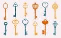 Keys collection. Antic and modern home and office keys silhouettes and forms, key logo graphic template. Vector isolated Royalty Free Stock Photo