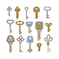 Keys colored set. Various vintage, antique and modern Keys with ornate heads. All elements are isolated. Vector Royalty Free Stock Photo