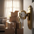 Keys in a door lock with moving boxes nearby Royalty Free Stock Photo