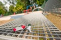 Keys forgotten on metal bench outdoors. Lost and found