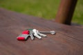 Keys forgotten on wooden bench outdoors. Lost and found