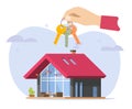 Keys in hand from home house vector, rent and rental real estate graphic illustration, sales man person realtor selling new