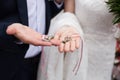 The keys in the hands of the bride and groom. Wedding tradition. Royalty Free Stock Photo