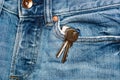 Keys hanging out of front pocket on jeans Royalty Free Stock Photo