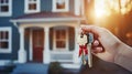 Keys held before a blurred house by a hand capture the moment of triumphant homeownership