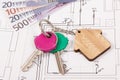 Keys with home shape and euro on construction diagrams of house. Building or buying home Royalty Free Stock Photo