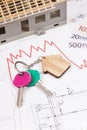 Keys with home shape, euro and downward graphs on construction diagrams of house. Real estate crisis. Small house under