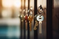 Keys on house doors represent new homes, real estate investments