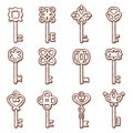 Keys icon. Silhouettes of keys and locks old victorian style vector elegant logo collection