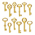 Keys icons set, isolated. Gold keys signs and symbols collection. Locking and unlocking doors vintage keys pictogram, illus