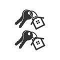 Keys with key chain ring and a house pendant. Pair of house keys.