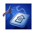 Keys with a keychain on a chain with a house icon. The concept of working with real estate, or the development of new