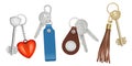 Keys on keychains. Realistic bunch with keys trinket different forms circle shapes vector isolated pictures