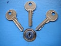 Keys and a keyhole on a blue door Royalty Free Stock Photo