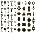 Keys and keyholes. Vintage house door keys and keyholes, decorative keys silhouettes vector illustration set. Antique Royalty Free Stock Photo