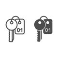 Keys line and glyph icon. Classic room key with number symbol, outline style pictogram on white background. Hotel Royalty Free Stock Photo