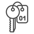 Keys line icon. Classic room key with number symbol, outline style pictogram on white background. Hotel business sign Royalty Free Stock Photo