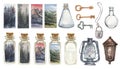 Keys, lock glass jars, retro items, gas lantern scenery forest watercolor illustration hand drawn big set magic fairy tale