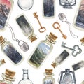 Keys, lock glass jars, retro items, gas lantern scenery forest watercolor illustration hand drawn pattern seamless magic fairy