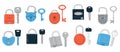 Keys and locks. Doodle vintage and modern abstract keys with different heads shapes and sizes, secure tools symbols and