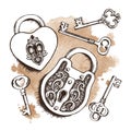 Keys and locks over watercolor background. Vector illustration. Royalty Free Stock Photo