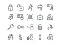 Keys and Locks. Set of outline vector icons. Includes such as Car Keys, Fingerprint and other. Royalty Free Stock Photo