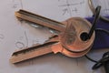Keys, old keys, lock, door, paper, Royalty Free Stock Photo